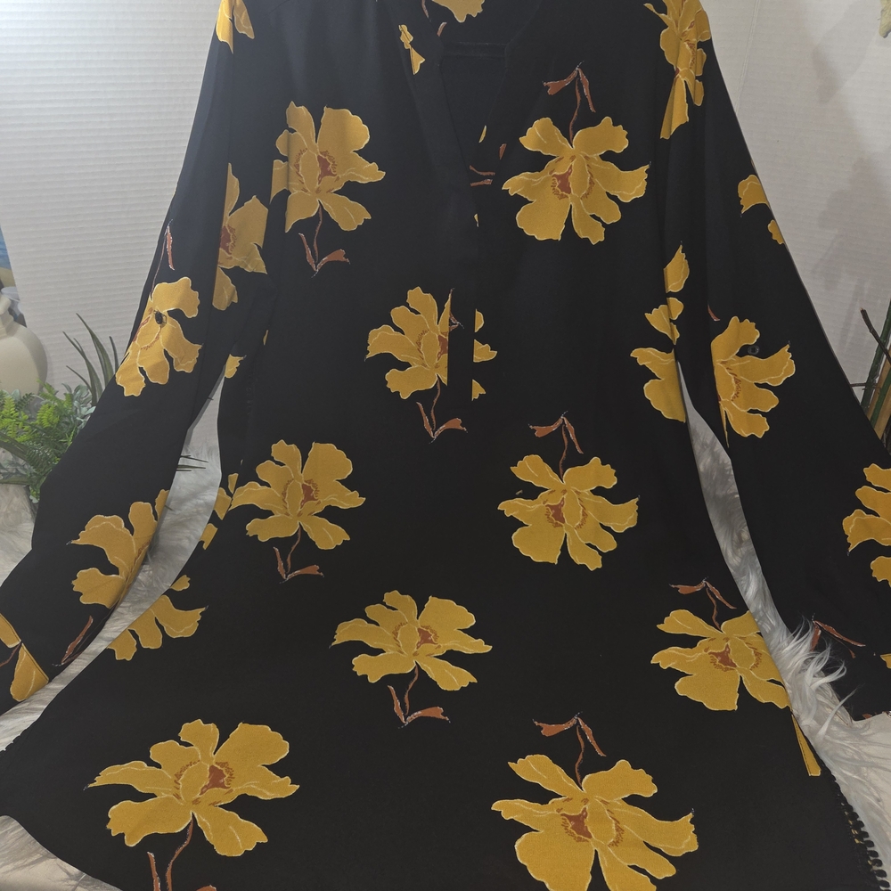 Alfani Black Blouse with Mustard Floral Accents